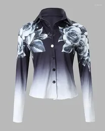 Women's Blouses Rose Shirt 2024 Spring Floral Print Button Down Turn-Down Collar Slim Fit Daily Casual Long Sleeve