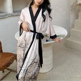 Home Clothing Long Shower Robe Print Flower Kimono Gown Lady Rayon Homewear Spring Summer Nightgown Intimate Lingerie Women Sexy Sleepwear