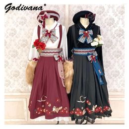 Women's Blouses Japanese Style V-neck Embroidery Bow Long Sleeve Shirt Girl Sweet Loose Vintage Blusas