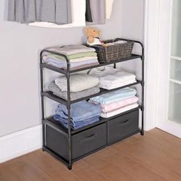 Kitchen Storage 4 Shelf Closet Organiser With 2 Bins Black Metal Frame Adult And Child