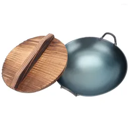 Pans Home Decor Non-Stick Iron Chinese Wok Stir Fry Skillet Wooden Lid Double Ear Everyday Pan Mini Cookware