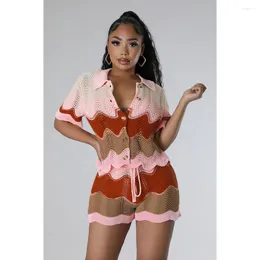 Women's Tracksuits Knitted Striped Patchwork 2 Piece Set For Women Summer Lounge Wear Button Shirt Top Bandage Shorts Slim Beach Outfits
