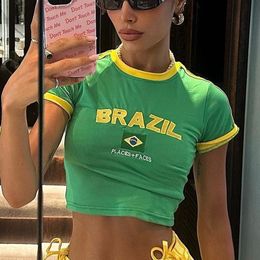 Y2k Womens T-shirt Embroidery Brazil Alphabet Print Baby Tee Aesthetic Kawaii Fashion Crop Tops Harajuku Short Sleeve Emo 240424