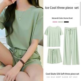Home Clothing Summer Ladies Clothes Soft Ice Silk Pajamas Three-Piece Suit Homewear Simple Casual Comfortable Loose Short-Sleeved Shorts Set