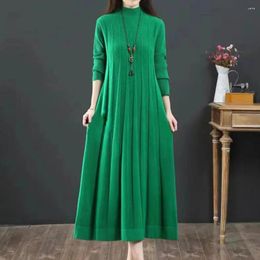 Casual Dresses Knitted Sweater Dress High Collar A-line Midi For Women Thick Warm Long Sleeve Pleated Winter With Loose Hem