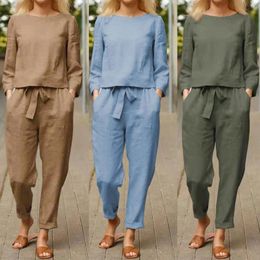 Women's Two Piece Pants Comfortable Loose Cotton Linen Suit Casual Vintage Solid Color Top And Drawstring Wide Leg Long Set