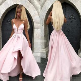 2020 Pink Prom Dresses High Low Satin Spaghetti Straps Sheer Neck Pluning Deep V Formal Evening Gown Cocktail Party Wear Custom Made 296L