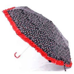 Creative Travel Folding Lace Handle Curved UV Sunny And Rainy Umbrella Black White Stripe Lipstick Print Umbrellas Gift 0119 s