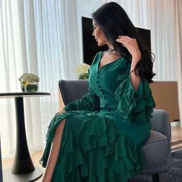 Runway Dresses V-neck button up dance dress long sleeved ruffled cocktail party Saudi Arabian womens formal evening dress 2024 New