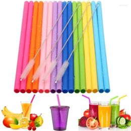 Drinking Straws 1 Set Reusable Food Grade Silicone Long Flexible With Cleaning Brushes For Tumbler Bar Party