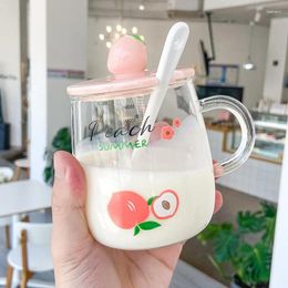 Mugs 400ML Korean Scale Milk Mug Cute Peach Glass Breakfast Ceramic Lid Spoon With Handle Lady Flower Tea Cups