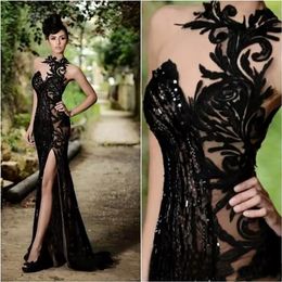 Rami Salamoun Elegant Prom Dresses Beading Appliqued High Neck Mermaid Sequins Split Evening Dresses 2021 Cheap Long Formal Gowns 303k