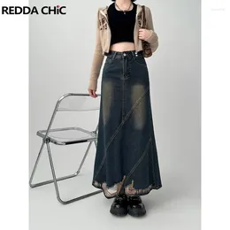 Skirts REDDACHiC Destroyed Hole Long Jeans Skirt Women Blue Vintage Wash Ripped Irregular Hemline Denim Maxi Tall Girl Y2k