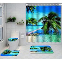 Shower Curtains Summer Beach Blue Sea Curtain Set Tropical Ocean Palm Tree Scenery Landscape Bathroom Rug Toilet Cover Bath Mats