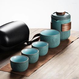 Teaware Sets Creative Bluestone Glaze Simple Speed Guest Cup One Pot Four Cups Portable Outdoor Travel Tea Set Storage