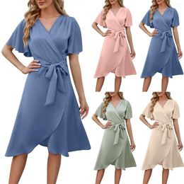 Casual Dresses Women's Summer Solid Color Satin V-Neck Waisted Bell Sleeves Dress Youthful Comfortable And Sexy Vestidos Largos