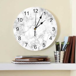 Wall Clocks White Marble Texture Decorative Round Wall Clock Arabic Numerals Design Non Ticking Wall Clock Large For Bedrooms Bathroom