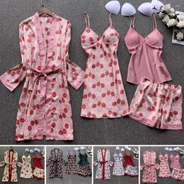 Home Clothing Milk Silk Pyjamas Elegant Silky Satin Women's Set With Lace-up Waist Printed Nightgown Shorts 4 Piece Homewear For Women