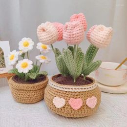 Decorative Flowers Handwoven DIY Tulip Daisy Potted Flower Bundle Decoration With Eternal