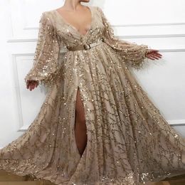 Sexy Slit Gold Evening Dresses deep v neck 2020 Latest Fashion Sequins Lace Dubai Saudi Arabic Prom Gowns Long Sleeves Formal Party Dre 215S