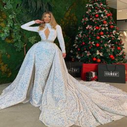 Stunning Sequin Evening Dresses With Detachable High Neck Long Sleeves Prom Dress For Women Open Back Party Pageant Wear 329G