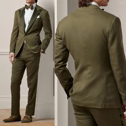 Men's Suits Army Green Men Suit 2 Pieces Blazer Pants One Button Peaked Satin Lapel Business Work Wear Formal Wedding Groom Costume Homme