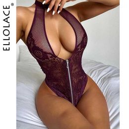 Sexy Set Ellolace Bodysuit Lace Overalls For Women Fitness Body Deep-V Lingerie Halter Tops Summer Mesh Q240511