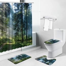 Shower Curtains Forest Trees Spring Scenery Chinese Style Landscape Bathroom Curtain Bath Mat Toliet Cover Carpet Non-Slip Rug