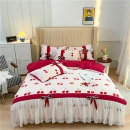 Bedding Sets Small Cherry Duvet Cover Set Korean Princess Style Lace Bow Bed Sheet Pillowcases 4PCS Girl Oversize