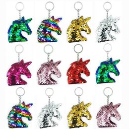 Keychains Lanyards 1 piece of double-sided reflective gloss unicorn keychain Colourful fish scale sequin horsehead bag pendant clothing accessories T240509