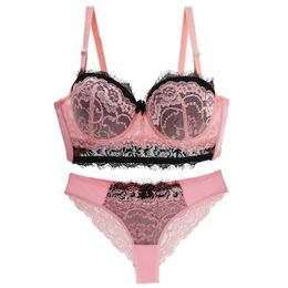 Bras Sets 2022 New Sexy Bow Lace Floral Bras Set For Women Beige Blue Red Yellow ABCDE Cup Push Up Underwear Plus Size Lingerie Y240513
