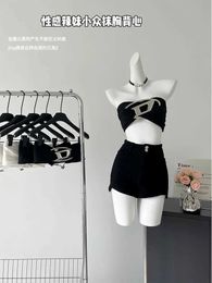 Two Piece Dress Woman Tank Top Crop Tops Bustier Chest Pad Bra Knit Strapless Tight Bodycon Solid Colour Patchwork Design Sexy Hot Tide Gyaru Q240511