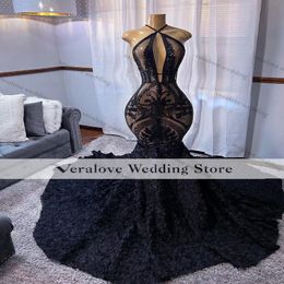 Black Dress Sexy Sparkly Sequins Evening Dresses Mermaid Halter Neck African Women Formal Prom Party Gowns Plus Size 245o