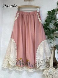 Skirts Vintage Embroidery Cotton Linen Long Skirt Women Summer Sweet Lace Patchwork Female Casual High Waist A-line Pleated