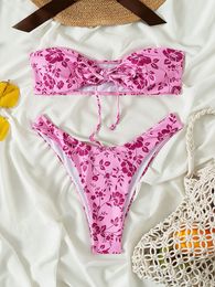 Bikini floral print two-piece swimsuit for women with bow tie two-piece set