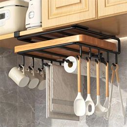 Kitchen Storage Hanging Rack Under Cabinet Organiser With Hook Paper Towel Rag Cutting Board Pot Cover Holder Shelf