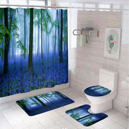 Shower Curtains Forest Nature Scenic Curtain Set For Bathroom Decor Blue Flower Plant Tree Anti-slip Carpet Rug Bath Mat Toilet Lid Cover