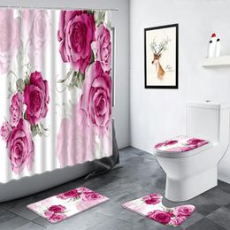 Shower Curtains Rose Flowers Curtain Creative Floral Plant Green Leaves Fashion Home Decor Bathroom Carpet Non-slip Toilet Bath Mats Set