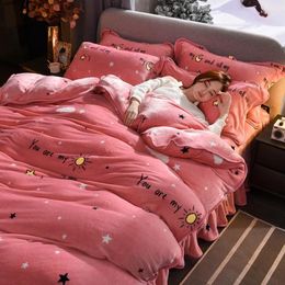 Bedding Sets Coral Velvet 4-piece Set Thickened Winter Warm Double-sided Flannel Quilt Cover Crystal Bed Skirt