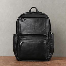 Backpack Natural Cowskin Genuine Leather Men's Vintage Large Capacity Shoolbag For Boys Laptop Travel Bag