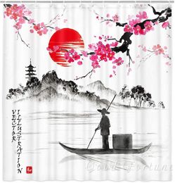 Shower Curtains Chinese Ink Painting Red Sun Natural Scenery Cherry Blossom Bathroom Decoration Waterproof Fabric Curtain