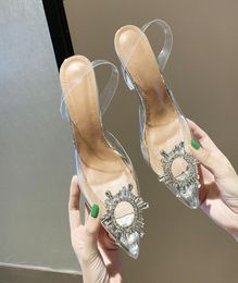 Summer Nuove scarpe trasparenti da 8 cm di alta ruota designer puntato Rhinestone PVC Lady Sandals Big Taglia 35435008473