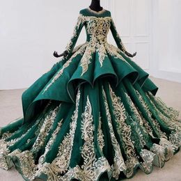 Luxury Dubai Quinceanera Dresses Dark Green Sheer High Neck Long Sleeves Gold Lace Appliques Ball Gown Prom Dress Robe De Soiree 303k