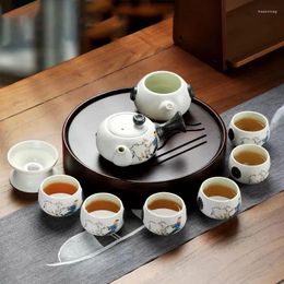 Teaware Sets Ceramic Kungfu Tea Set Snowflake Glaze Household High-grade Pot Cup Simple Japanese Making Side Handle