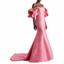 Vintage Long Pink Taffeta Evening Dresses with Short Puff Sleeves Mermaid Sleeveless Sweep Train Formal Occasion Prom Party Gowns