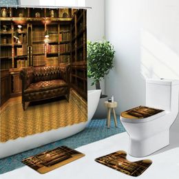 Shower Curtains Vintage Library Books Bathroom Set Curtain Non-Slip Rug Flannel Toilet Cover Bath Mat With Hooks Indoor Decor Washable