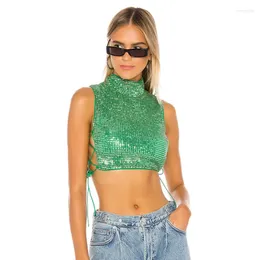 Women's Tanks Fashion Sequin Top Side Stretch Rope Sexy Vest Green Half High Neck Short Summer Girl Personalized Street