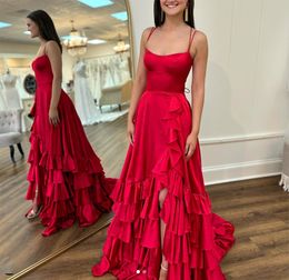 Boat Neck Evening Dress Long A Line Formal Dress Spaghetti Straps Satin Formal Party Prom Gown with Train