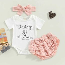 Clothing Sets 2023-02-14 Lioraitiin Baby Girls 3pcs Fathers Day Clothing Short sleeved Round Neck Letter Printed Tight Top Ski HeadbandL2405