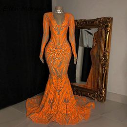 Orange See Through Prom Dresses South African Lace Long Sleeves Mermaid Evening Gowns Sweep Train Formal Party Dress Custom Made 297y